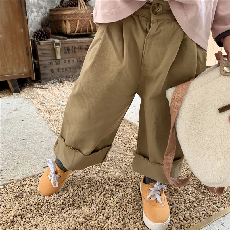 

Korean style kids pure cotton solid color loose casual pants boys girls all-match wide leg trousers 1-6Y