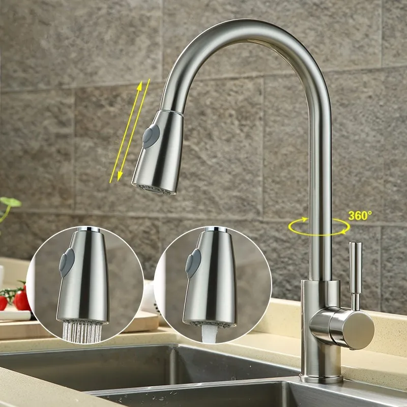 

Nickel Brushed Kitchen 360 Degree Rotation Pull Out Basin Faucet Water Spout Spray Swivel Single Handle Cold And Hot Mixer Tap
