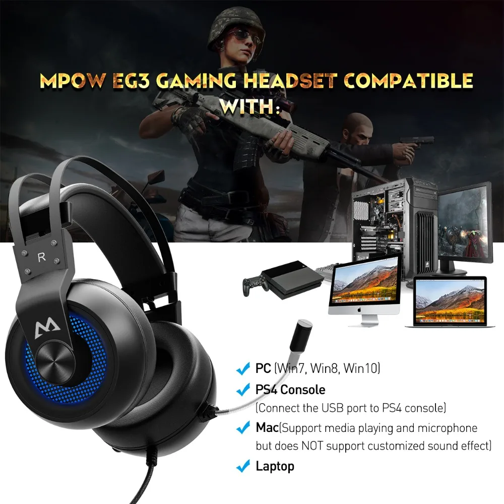 Mpow EG3 игровая гарнитура USB 7 1 объемный звук проводная наушники с микрофоном и