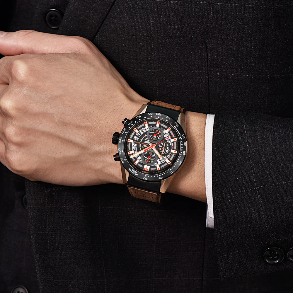 Топ бренд PAGANI Дизайн Мода Скелет Спорт хронограф часы кожаный ремешок кварцевые мужские часы Роскошные Водонепроницаемые часы