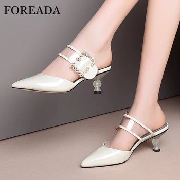 

FOREADA Women Slides Mules Shoes Natural Genuine Leather Buckle Strange Style Heels Shoes Transparent Crystal Slippers Ladies 43