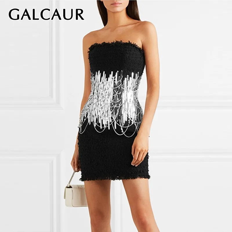 GALCAUR Sexy Strapless Dress For Women Sleeveless High Waist Sequined Patchwork Mini Dresses Female Fashion Summer New