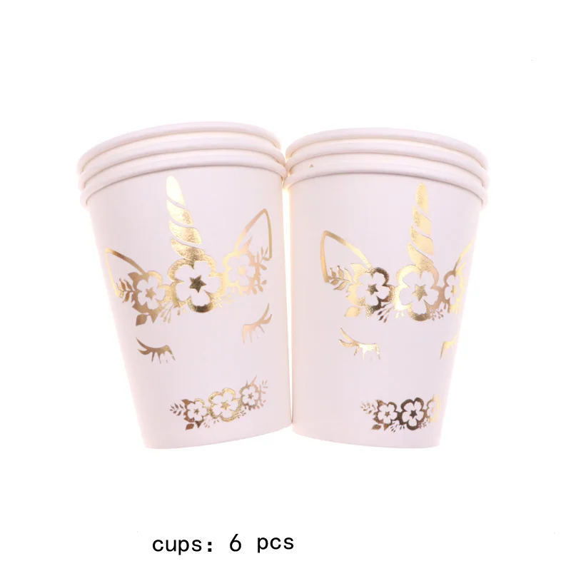 6pcs cups Вечеринка единорога для девочек, день рождения, золотой фольги, бумажная тарелка, детский душ, для девочек, сувениры, посуда для вечеринки в честь Дня Рождения, набор - Цвет: 6pcs cups