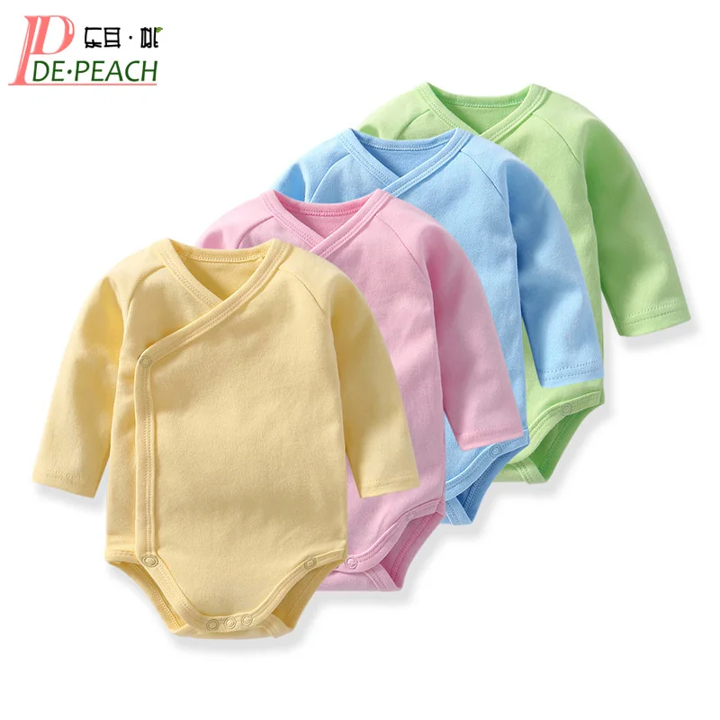 

DE PEACH High Quality Cotton Newborn Baby Bodysuits Solid Color Spring Toddler Boy Girl Long Sleeve Jumpsuit Infant Baby Clothes