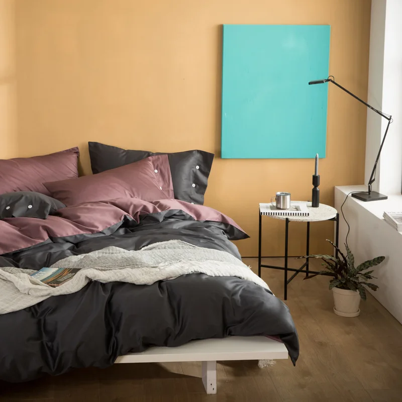 Dark gray ROWBOE сплошной цвет длинный штапель хлопок цвет соответствия комфорт постельные принадлежности набор король размер кровать набор пододеяльник простыни Кнопка наволочка - Цвет: Dark gray