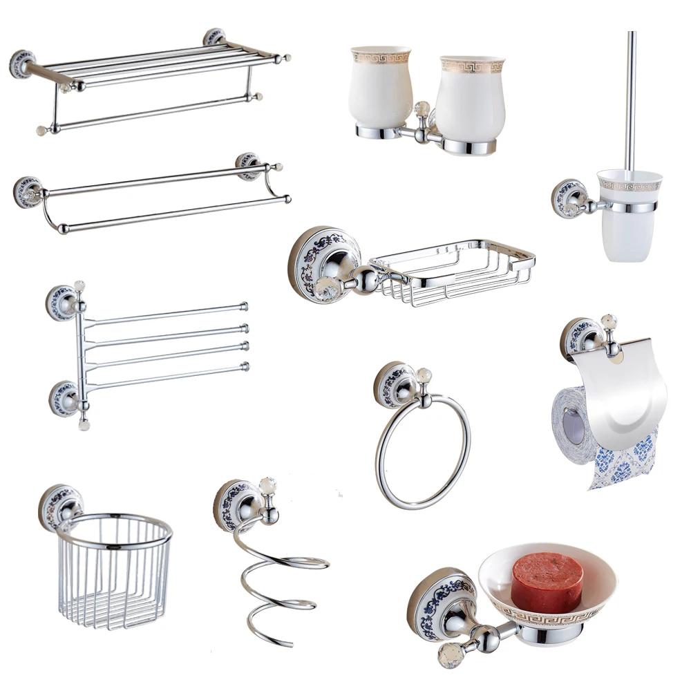 European Silver Crystal Bathroom Hardware Set Chrome Finish Ceramic