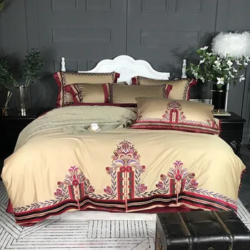 

4/7pcs Yellow Luxury Chinese Classic Red Embroidery 60S Egyptian Cotton Wedding Bedding Set Duvet Cover Bed sheet Pillowcases