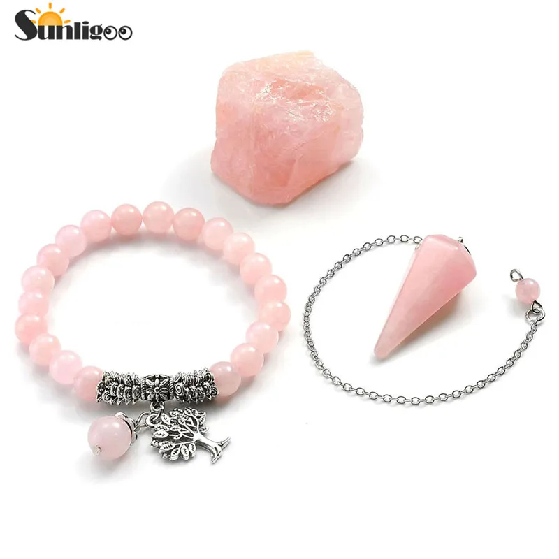 Sunligoo New Natural Rose Quart Healing Crystals Set Dowsing Pendulum&ampBracelet&ampRaw Rough Quartz Energy Stones Decoration | Дом и сад