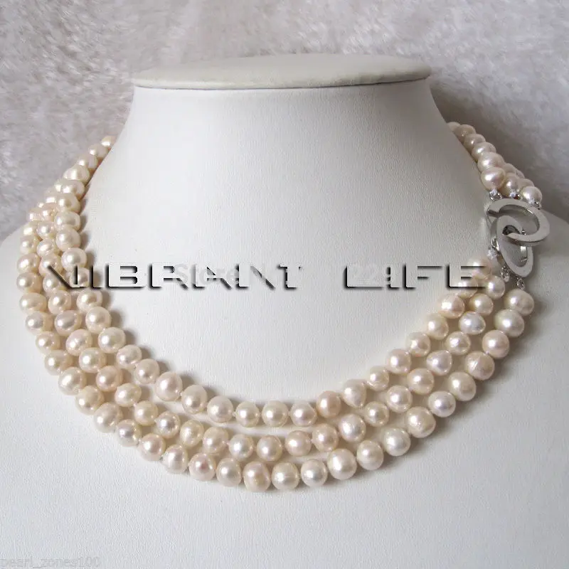 

free shipping Wholesale price ^^^ 17-19" 6-8mm 3Row White Freshwater Pearl Necklace Natural Color
