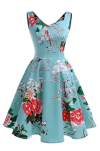 2018 Summer Hepburn Floral Print Dress Back V-Neck A-Line Dress Vintage Sleeveless Party Dresses