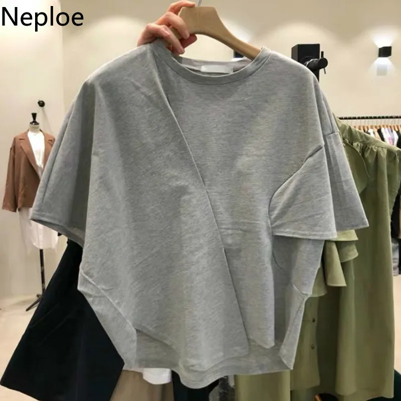 

Neploe Pleated Women T Shirts Summer 2019 Solid O-Neck Short Sleeve Tees Casual Korean Ladies Tops 45239