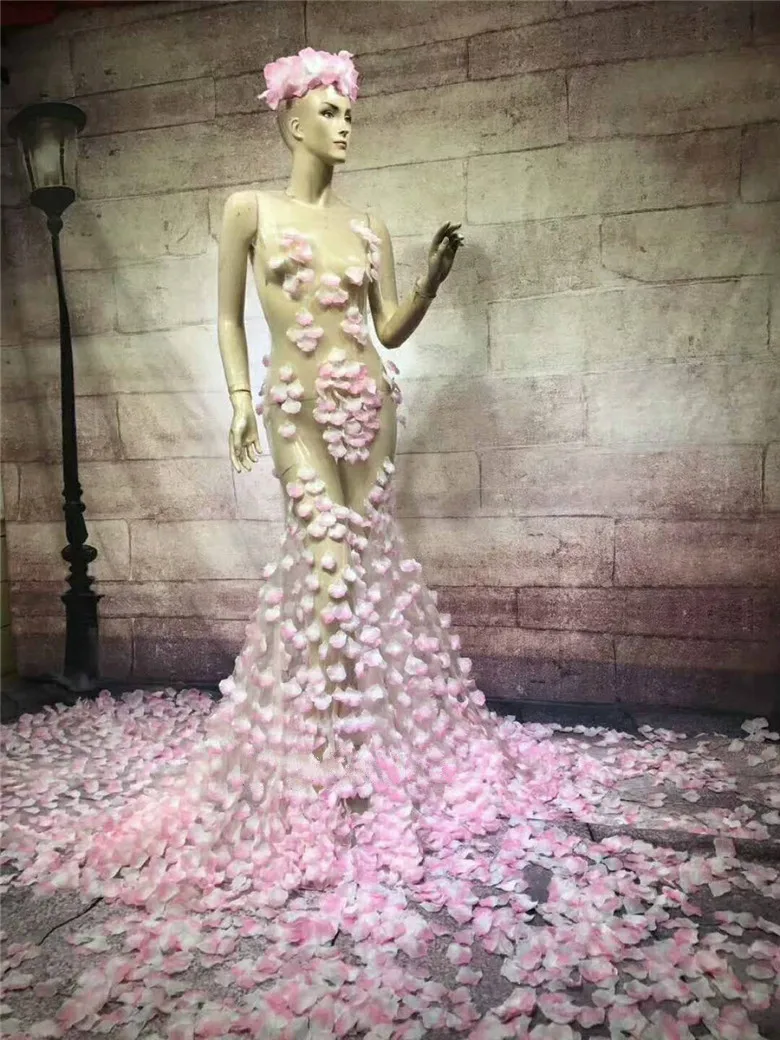 Женское сексуальное розовое платье с цветочным принтом, цельное вечернее платье с длинным хвостом, праздничная одежда для певицы для сцены, одежда для сцены, DJ
