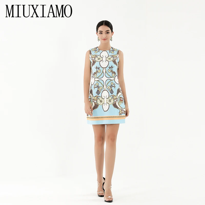 

MIUXIMAO 2019 Newest Dress Fashion A-Line O-Neck Sleeveless Tank Diamonds Flower Blue Print Above Knee Dress Women vestidos