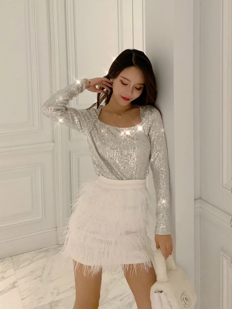 

morality sparkling sequins render unlined upper garment to coat + ostrich feather skirts web celebrity two suits female