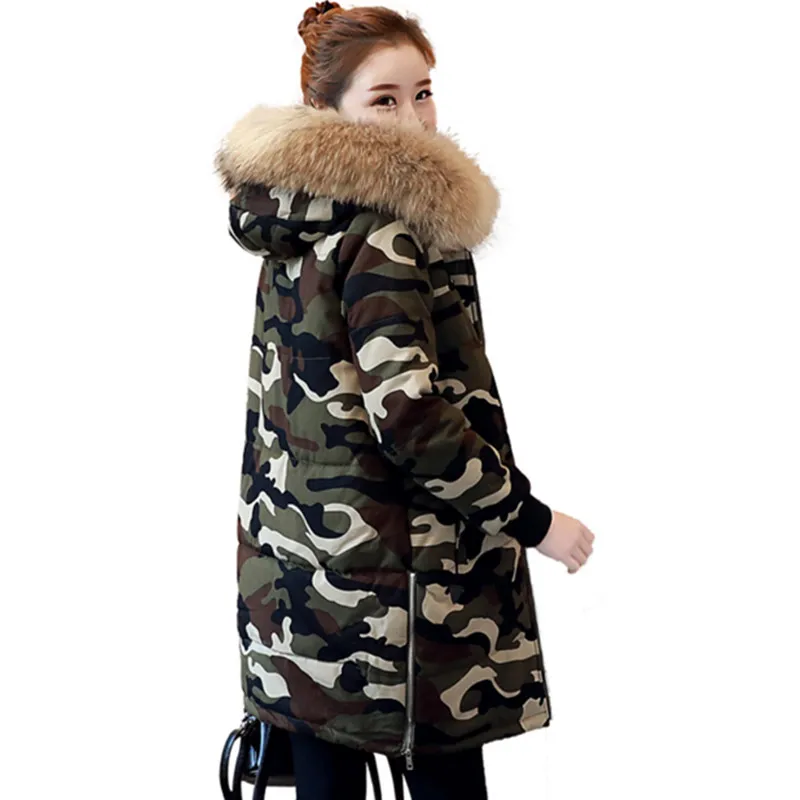 

New winter parkas women Thicken cotton jacket Camouflage Printed coat Natural fur collar Hooded tops female warm long coats 2241