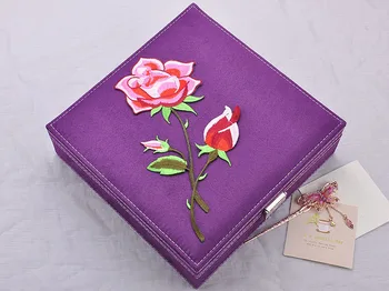 

embroidered rose flower jewelry box 2 layers with key jewelry case rose velvet Box Jewerly Organizer Box