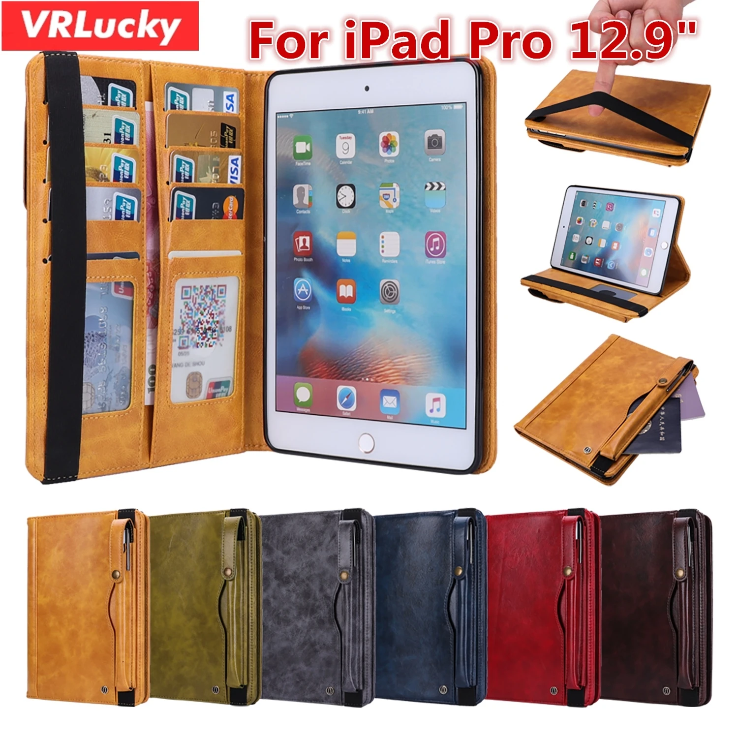 

VRLucky Luxury Business Style Flip Cover With Pencil Holder Card Slots Quality PU Leather Case For Apple iPad Pro 12.9 inch