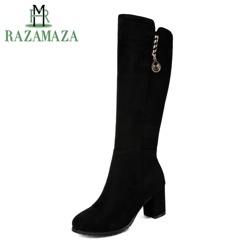 

ZALAVOR Size 33-43 High Heels Women Boots Fur Winter Warm Knee Boots Metal Decoration Long Boots Fashion Sexy Women's Shoes