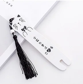 Кавайные деревянные закладки с мультяшным котом для книг, креативные черно-белые цветные закладки с кисточками для книг, студенческие канцелярские принадлежности