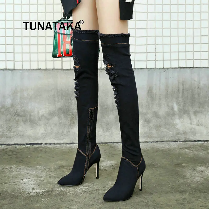 

Autumn New Blue Denim Boots Fashionable With a Sharp Toe Above Knee-fitting Boots High-heeled Shoes Women's Over The Knee Boots