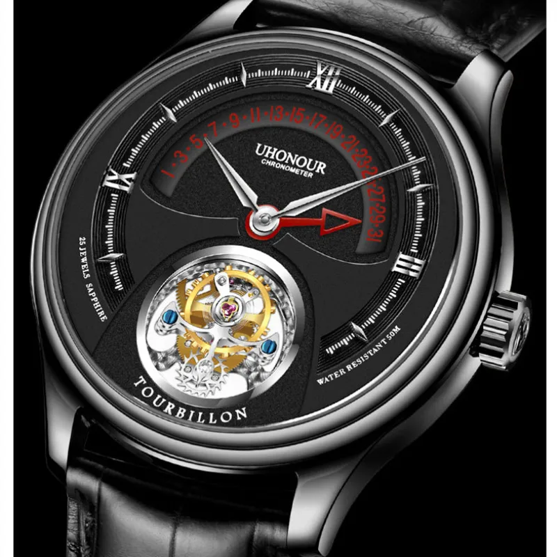 Мужские механические часы Top Tourbillon светящиеся с календарем из крокодила и