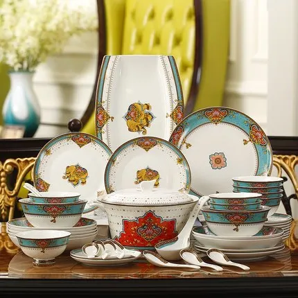

Whole set of bone china tableware 10 people eat rice bowls soup pot spoon ceramic dishes and plates sets Boutique dinner set