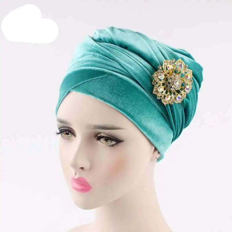 170*26 см женский роскошный плиссированный вельветовый тюрбан, длинный шарф, арабский хвост, шапка с ювелирной брошью, головной убор, модная шапка - Цвет: light blue