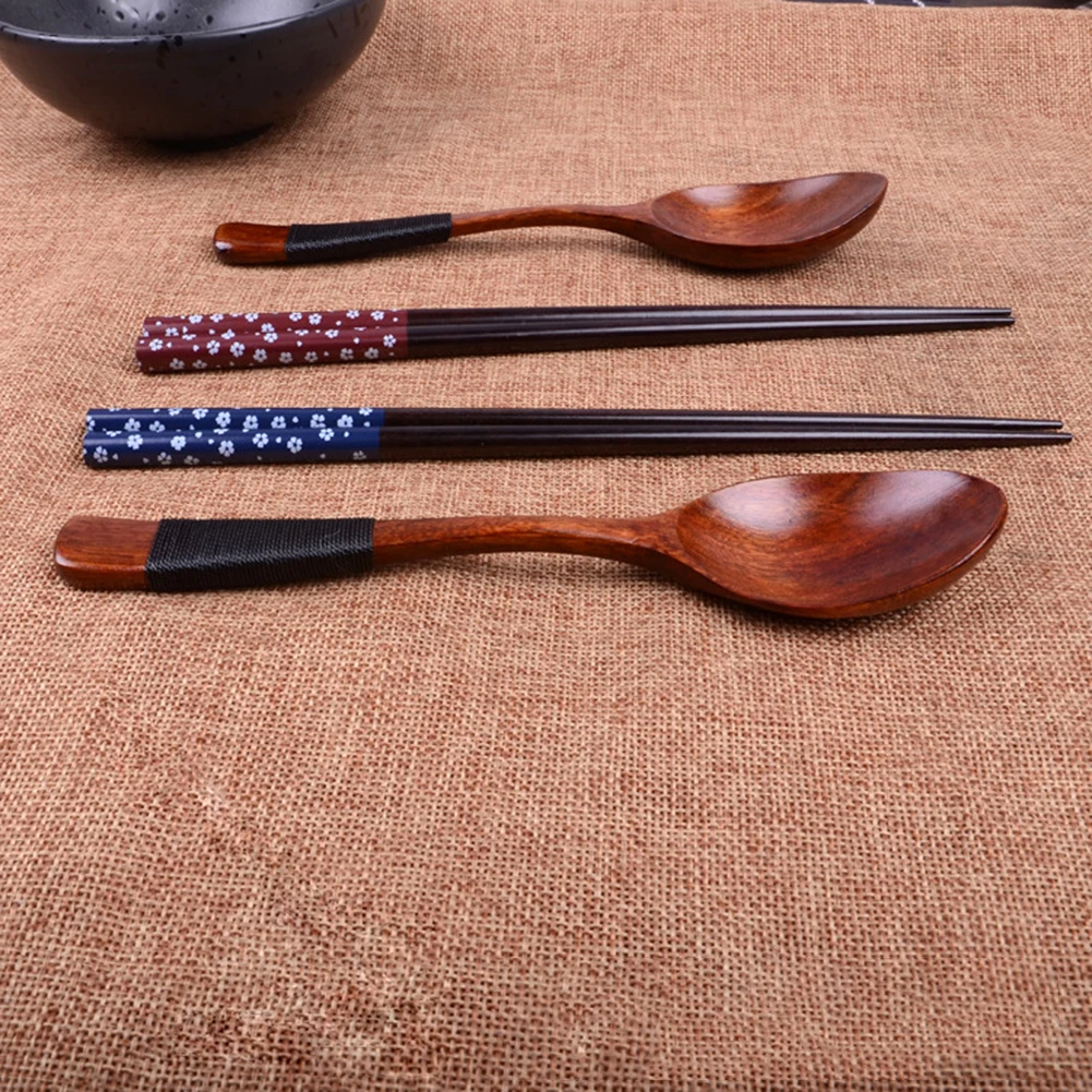Натуральные Деревянные японская посуда набор столовых приборов ложка, вилка палочками долговечная посуда с тканью сумка для пикника
