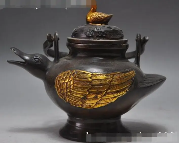 

S06742 Chinese palace Bronze gilt Bird Ducks statue Beam lifting Wine Tea Pot Flagon discount 30% (C0324)