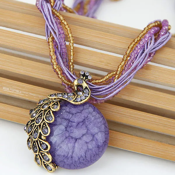 

F&U Pure Hand Weaving Bohemian Necklace Vintage Peacock Gem Temperament Lady Rhinestone & Beads Sweater Necklace For Women
