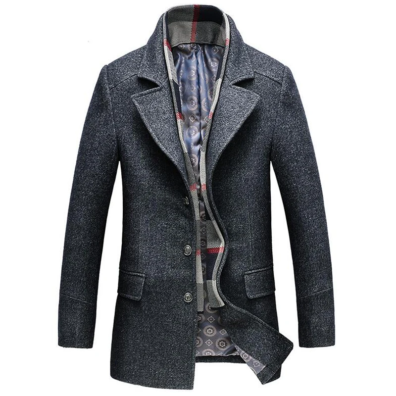 Шерстяное пальто для мужчин, Зимняя Толстая ветровка, Съемный шарф, пальто abrigo hombre, мужская повседневная длинная куртка, деловой Тренч, пальто