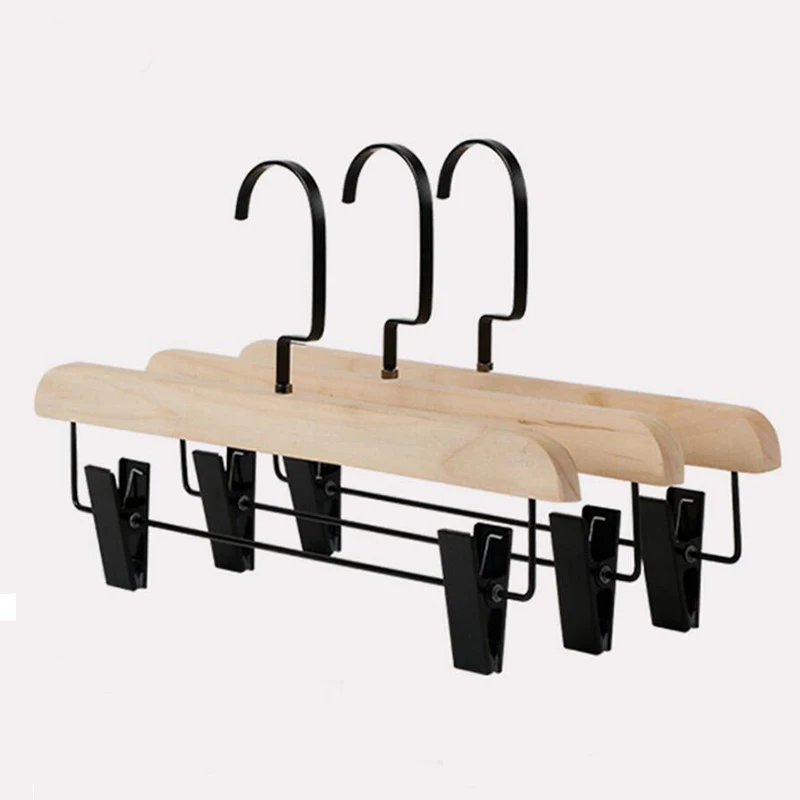 12 Pcs Environmental No Painting Wooden Pants Trousers Hanger with Black/ Matte Clips, Natural Healthy Wood Skirt Bottom Hangers