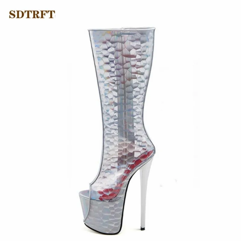 

SDTRFT Plus:34 35-46 47 Women Fashion Show boots 19cm High Thin Heels Bottes Knee-High boots Peep Toe Platform botas mujer Pumps