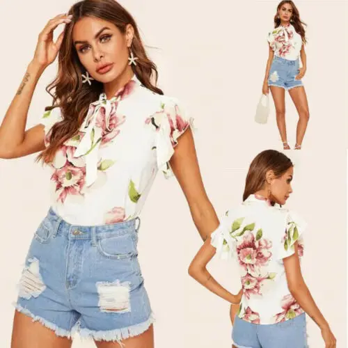 Новинка 2019 года жаркое лето Модные Последние для женщин короткий рукав Strappy с оборками и цветочным принтом шифоновая блуза для женщин