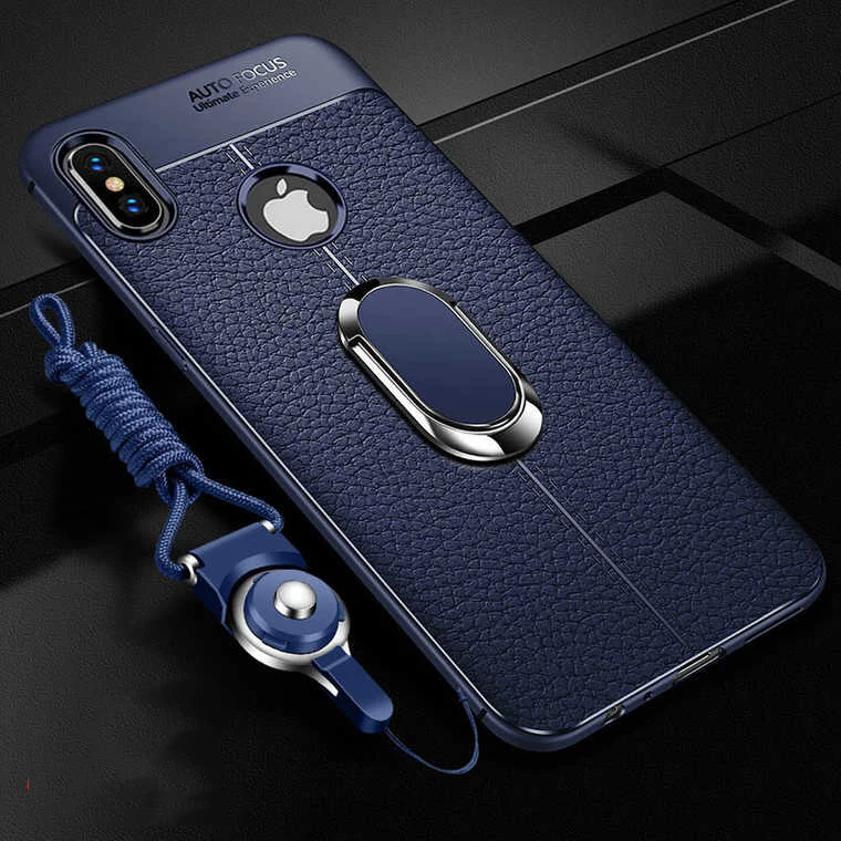 Capped для Iphone 6 6S 7 8 Plus роскошный Личи кожаный магнитный кольцо мягкое Силиконовое чехол для телефона для Iphone X XR XS Max чехол Fundas - Цвет: Blue