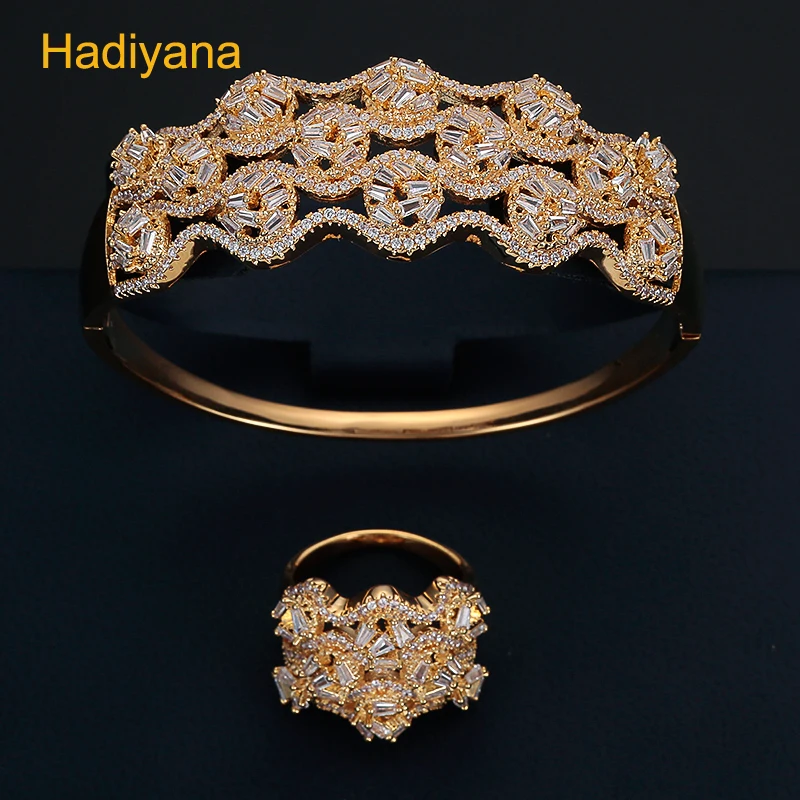 

HADIYANA New Listing Copper Bangles And Ring 2pc Sets Luxury Party Rectangular Zircon Women's Gold Bangle Jewelry Set Prom SZ170