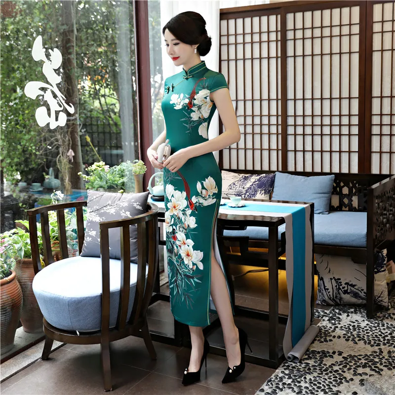 Шанхай история из искусственного шелка Qipao длинное платье Cheongsam национальный тренд платья короткий рукав тонкий традиционный китайское