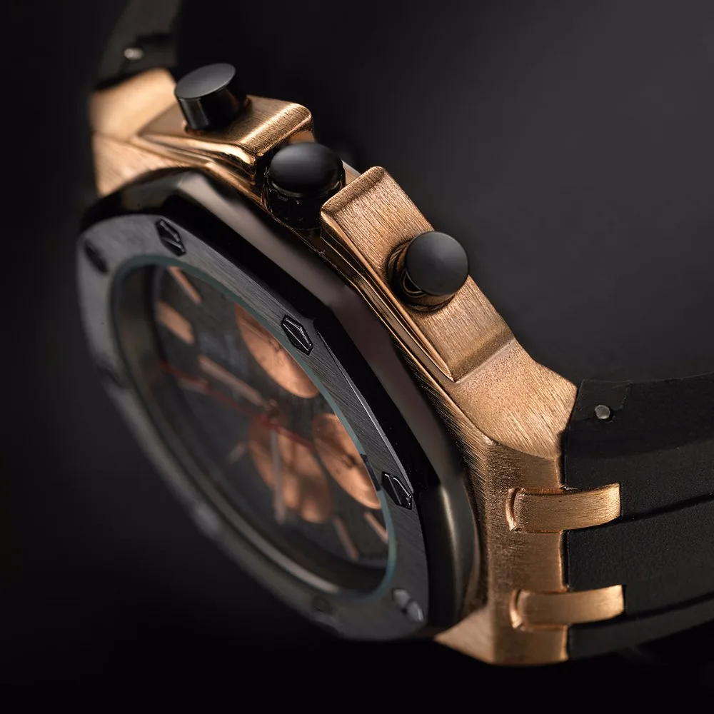 TORBOLLO Новые спортивные мужские кварцевые часы с функцией хронографа, золотой чехол с резиновым ремешком, мужские часы, мужские часы