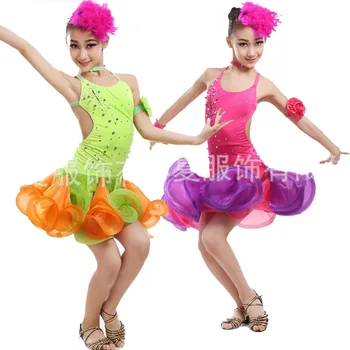 

Kids Adult Sequined vestidos latino Dancewear costumes Outfits Girls Latin Dancing Dress Ballroom Party Salsa dance wear dress