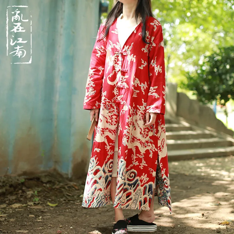 Осенний длинный двухслойный плащ в китайском стиле с драконом, Ветровка из хлопка и льна, повседневное пальто, верхняя одежда