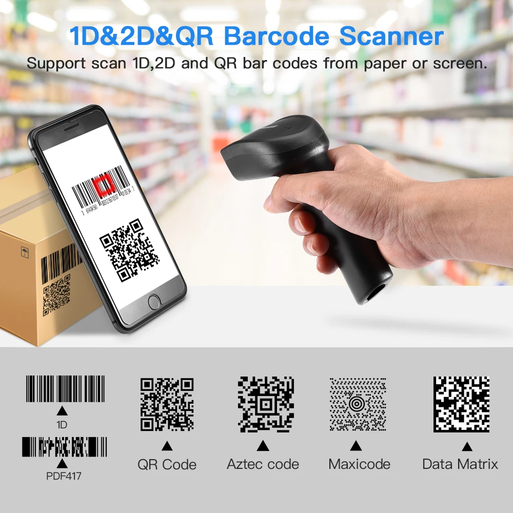 Eyoyo QR ماسح الرمز الشريطي بتقنية Bluetooth مع 3-في-1 بلوتوث و 2.4G دونغل اللاسلكية و السلكية اتصال تكلفة فعالة 2D ماسحة