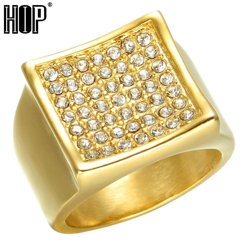 

HIP Hop Micro Pave Rhinestone Iced Out Bling Bling Square Ring IP Gold Color Titanium Stainless Steel Rings for Men Jewelry