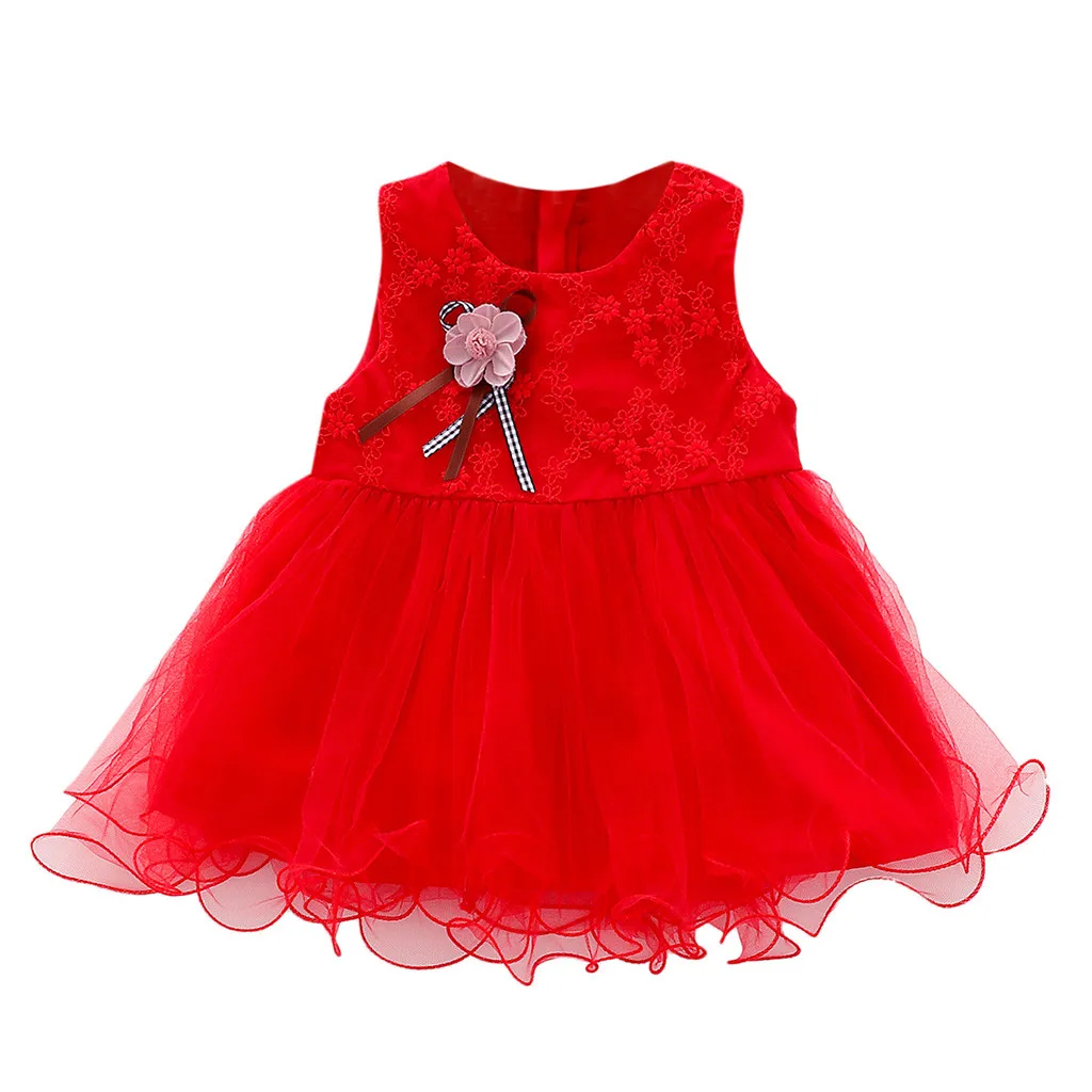 Тюлевое платье принцессы без рукавов с цветочной вышивкой для маленьких девочек - Цвет: Красный