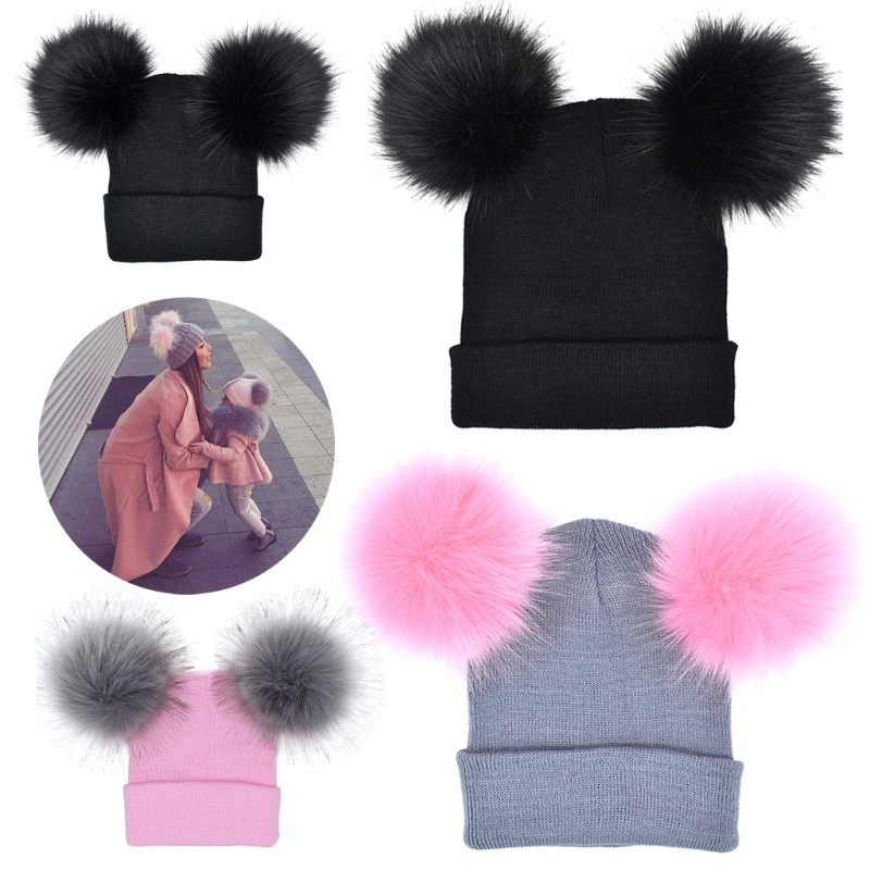 

2 Pcs Mother Child Baby Warm Winter Knit Beanie Fur Pom Hat Crochet Ski Cap New-m15