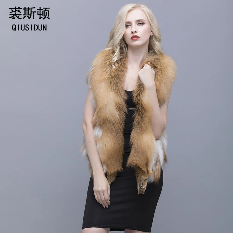 

QIUSIDUN Natural Red Fox Fur Vest V Collar 50 Cm Coat Winter Warm Fashion Large Size Woman's Pure Natural Full Pelt Vests Solid