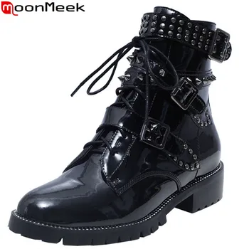

MoonMeek big size 33-43 ankle boots for women round toe lace up patent leather boots med heels autumn winter boots rivet new