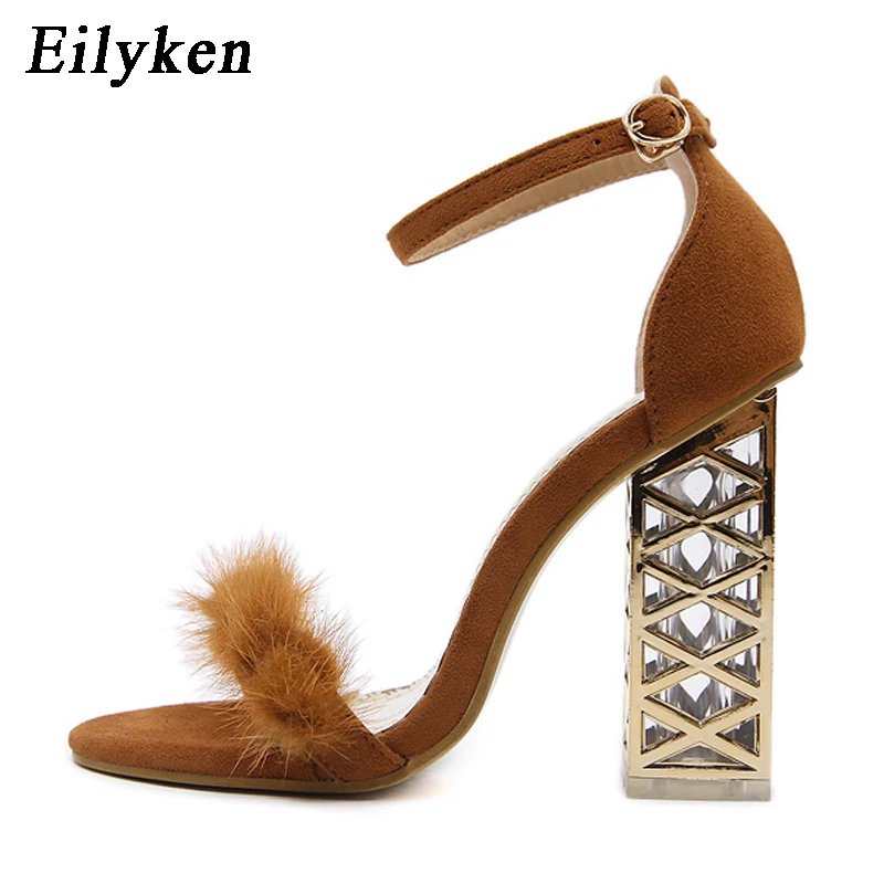

Eilyken Fashion Real Fur Feather Women Sandals Clear Heel Crystal Buckle Strap Pumps Sandals Rome Sandals For Women