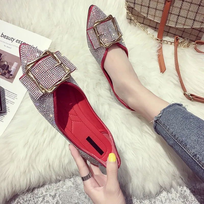 SWYIVY Shoes Flats Woman Pointed Toe Rhinestone 2018 Autumn Spring New Female Casual Shoes Shallow Mouth Metal Buckle Flats