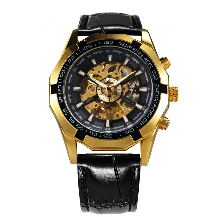 GOLD BALCK WINNER официальный автоматические часы для мужчин Золотой Скелет Механические мужские s часы бренд класса люкс кожаный ремешок модное платье наручные часы - Цвет: GOLD BALCK