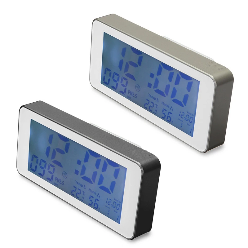 

PM2.5 Smart Clock PM2.5 Detection Digital Calendar Alarm Time Temperature Humidity Gold Sliver Modern Decor US Power Adapter